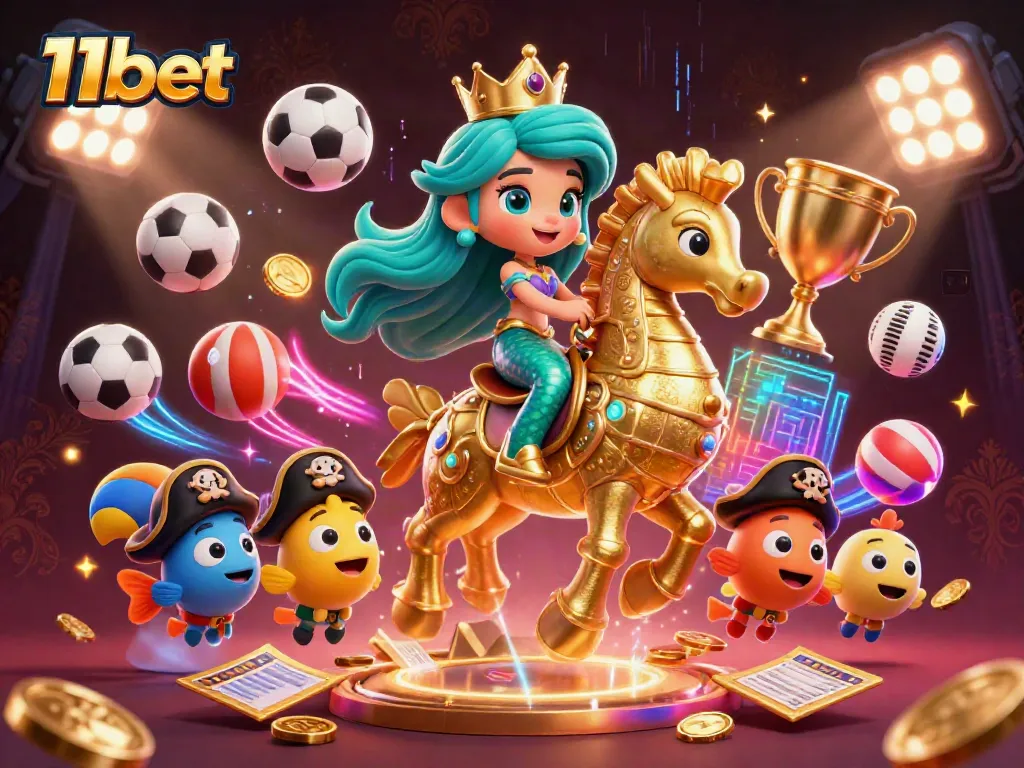 Engage with 11bet's vibrant casino world featuring a mermaid princess on a majestic seahorse amidst dynamic sports betting elements.
