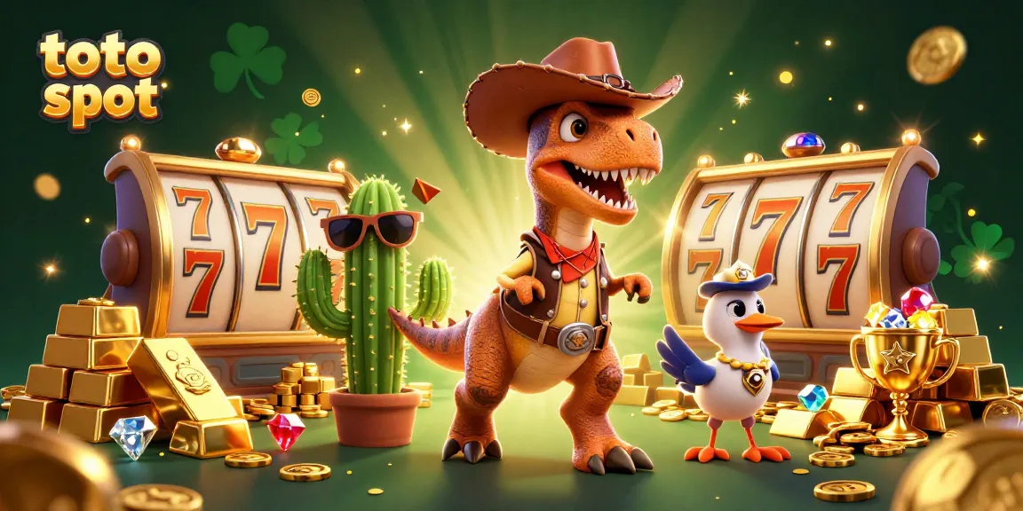 Spin the toto slot reels with a vibrant 3D cartoon scene featuring a cowboy T-Rex and friends.