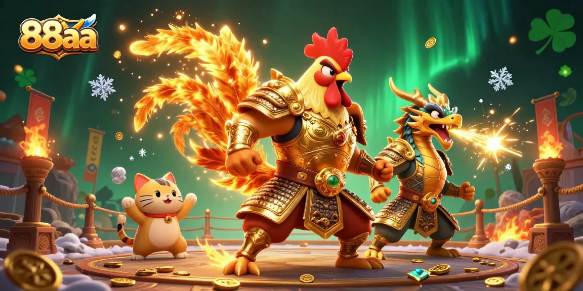 Experience the thrill of 88aa with a powerful rooster warrior and dragon in an action-packed casino scene.