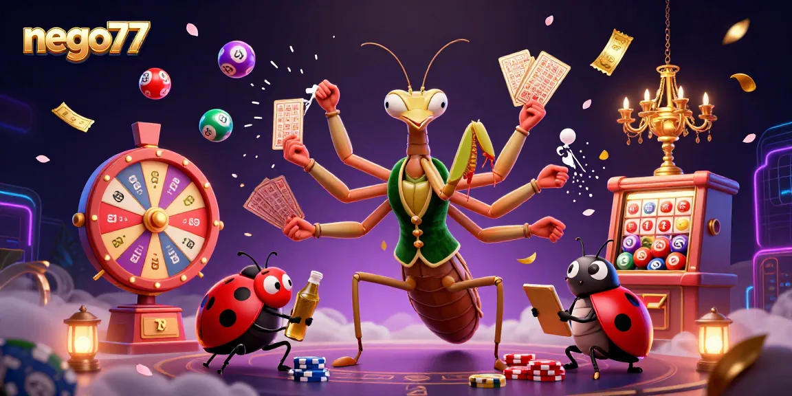 Spin and win with nego77 in a vibrant 3D casino featuring lively characters and colorful gaming elements.