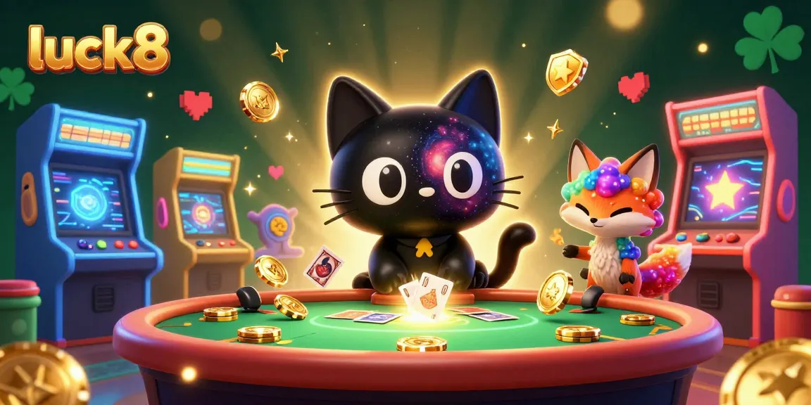 Engage with luck8 at a vibrant cosmic casino table featuring a black hole cat and nebula fox.