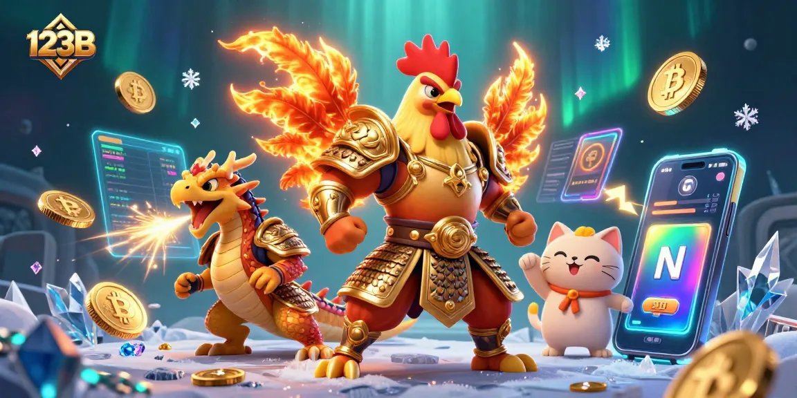 Engage in exciting gaming at 123B, where a fighting rooster warrior and dragon hatchling celebrate victory with crypto coins!