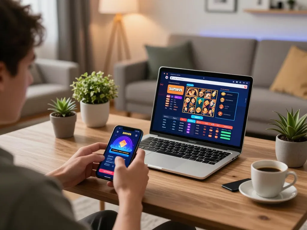 Player enjoying the Sunwin app for online casino gaming in a stylish home setup