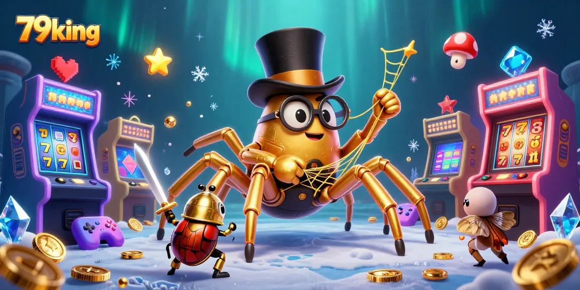 Experience thrilling gameplay at 79king with a golden tarantula and beetle knight in a vibrant casino.