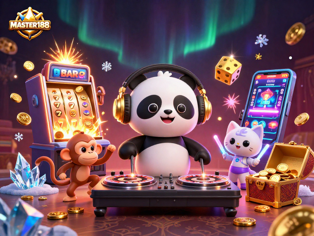 Experience the excitement of MASTER188 with vibrant characters celebrating jackpots and casino fun.