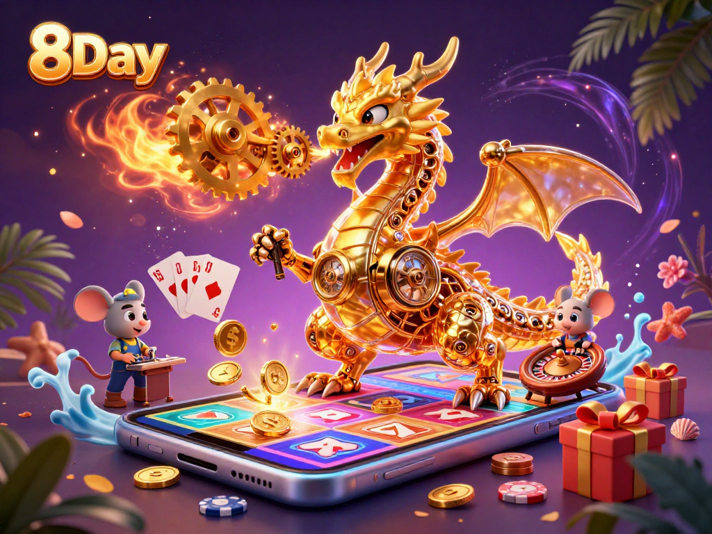 Engaging scene showcasing 8Day's golden dragon with a vibrant gambling atmosphere featuring slot games and poker elements.