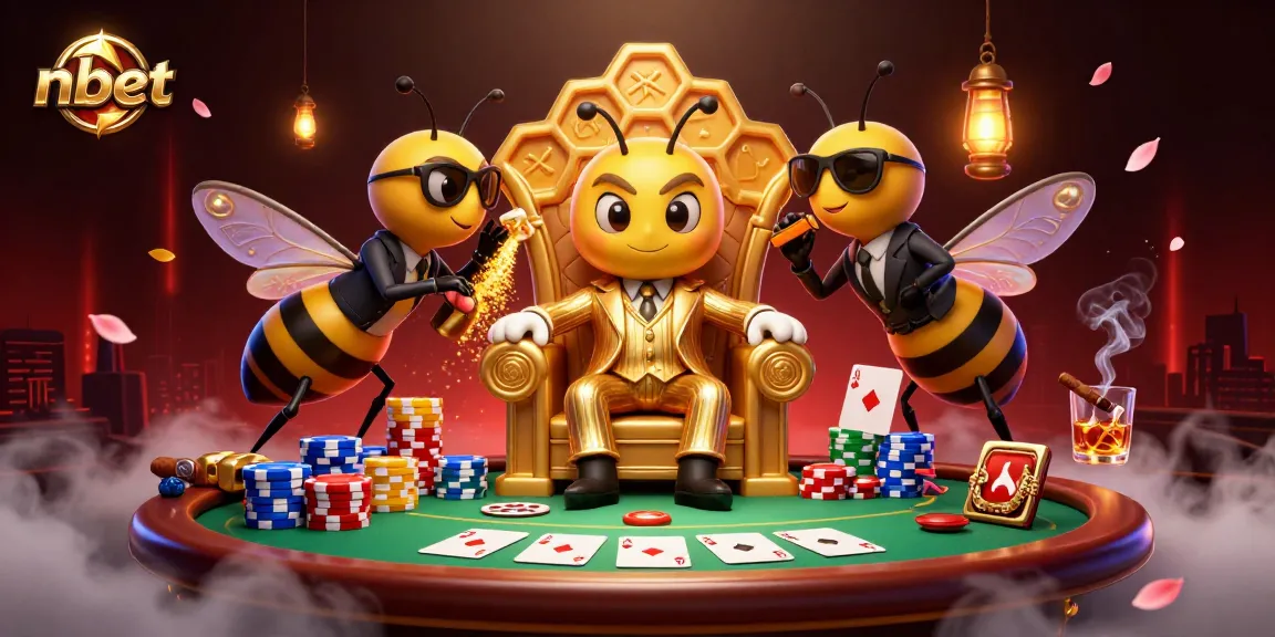 nbet cartoon scene with a mob boss bee, poker chips, and vibrant gaming action