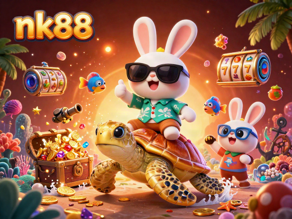 Experience thrilling gameplay with nk88 luck, featuring a rabbit and golden turtle in a vibrant casino scene.