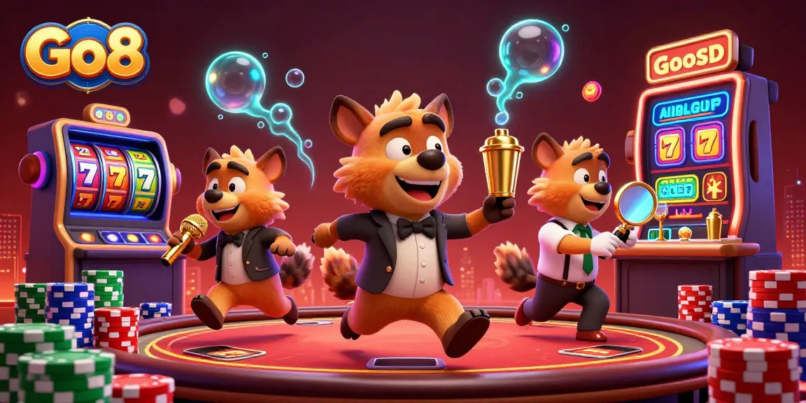 Go8 casino club with hyena characters mixing drinks and telling jokes, full of slot reels and jackpots.