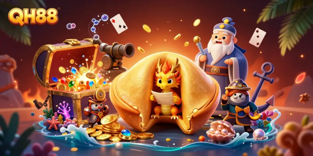 Engage in excitement with QH88's whimsical casino experience featuring fortune elements, golden treasures, and characters.