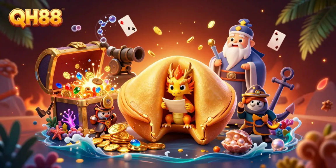 Engage in excitement with QH88's whimsical casino experience featuring fortune elements, golden treasures, and characters.
