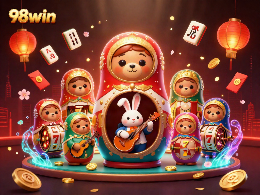 Engage with 98win's vibrant casino scene featuring bears in dealer outfits, glowing lanterns, and slot reels.