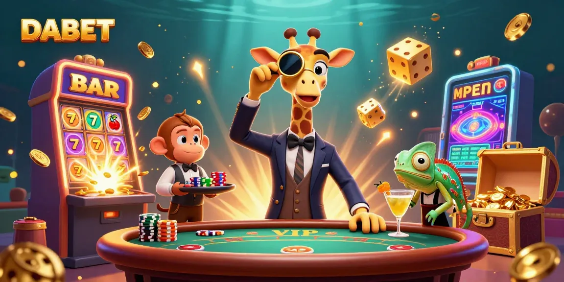 DABET showcases a high-roller giraffe at a VIP poker table, surrounded by dynamic casino elements.