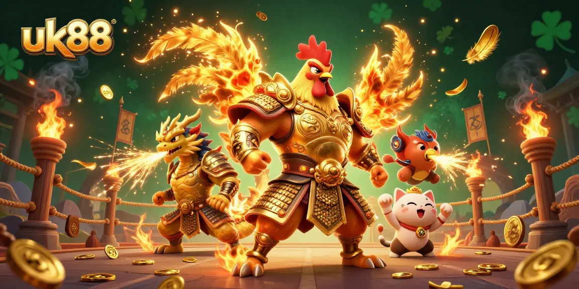 Experience thrilling action at UK88 with a dynamic fighting rooster, dragon, and fortune cat in casino-themed illustration