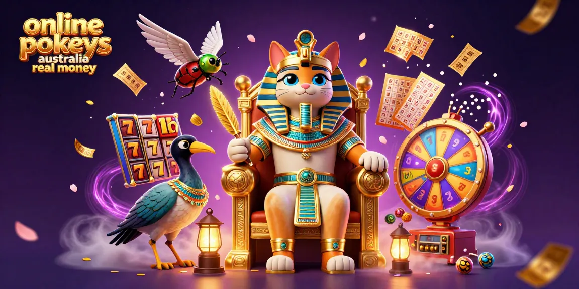 Experience the excitement of online pokies Australia real money with vibrant slot machine elements and a pharaoh theme.