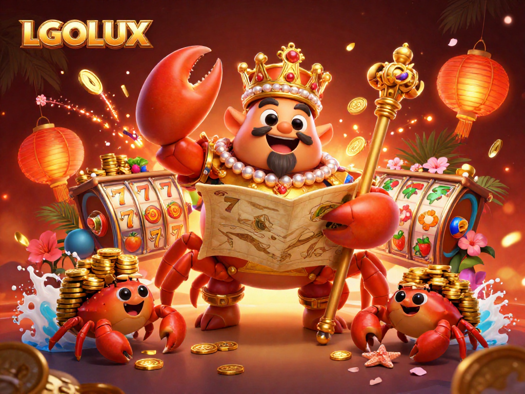 Immerse yourself in the vibrant LGOLUX casino with a golden crab emperor amidst enchanting slot elements and treasures.