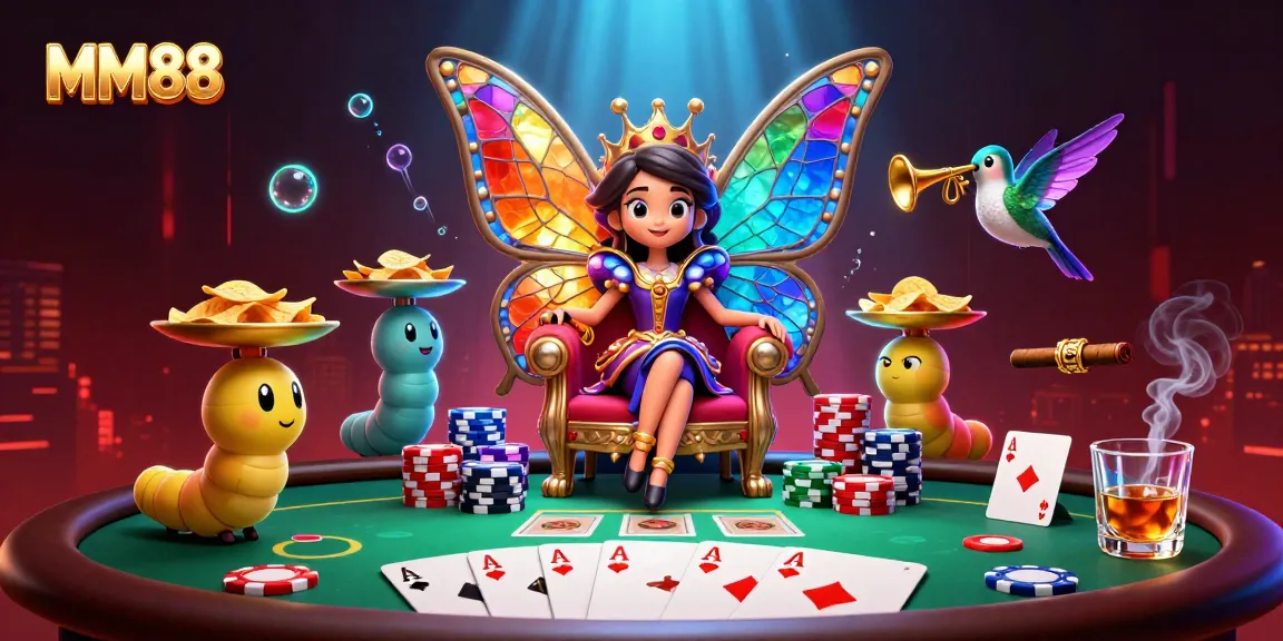 MM88 butterfly queen presides over a vibrant, colorful poker scene filled with excitement.