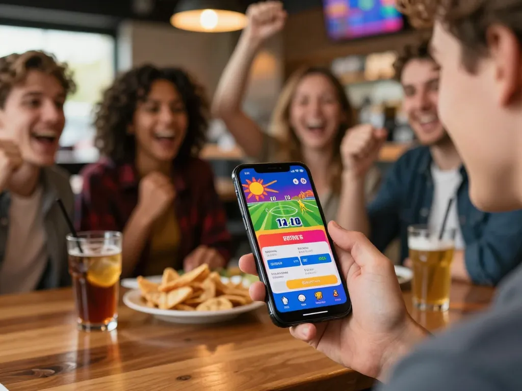 Experience the excitement of sun win sports betting on a mobile app in a festive sports bar.