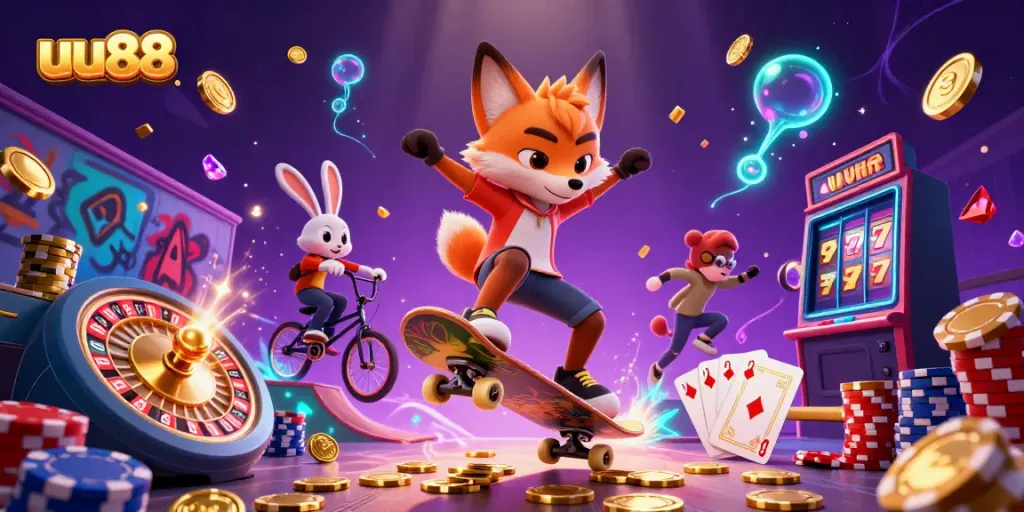 Action-packed scene of uu88-themed cartoon fox and rabbit celebrating big wins with casino elements.