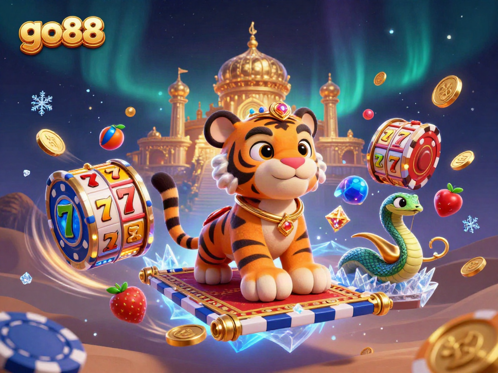 Play slots and win big with go88 in this vibrant 3D casino illustration.