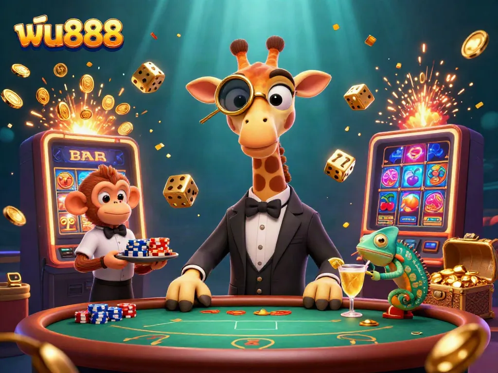 Experience the excitement at ฟัน888 with vibrant characters and casino elements in a dynamic 3D scene.