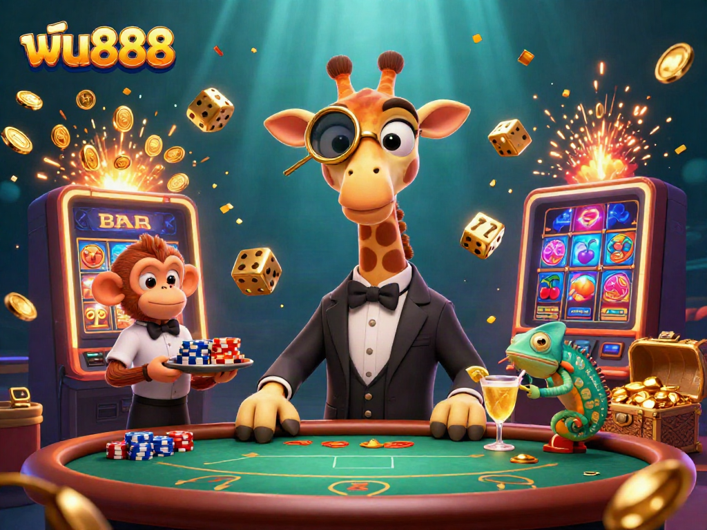 Experience the excitement at ฟัน888 with vibrant characters and casino elements in a dynamic 3D scene.