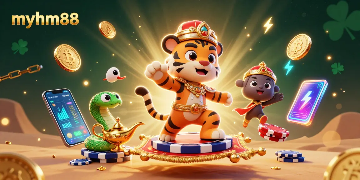 Engage in thrilling gaming adventures at myhm88 with animated characters amidst a dynamic casino scene.