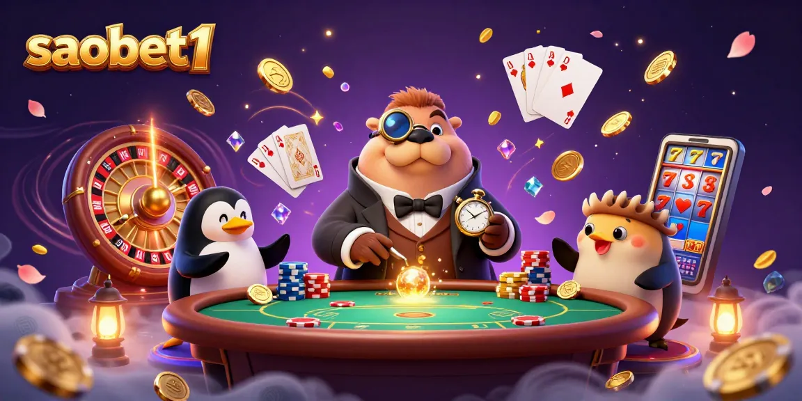 Experience high-stakes fun at saobet1 with a casino scene featuring a bluffing pufferfish and a joker walrus.