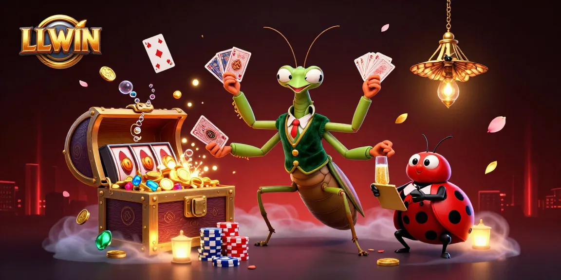 Join the exciting action at LLWIN as a giant praying mantis deals cards amidst treasures, embodying the ultimate casino experience.