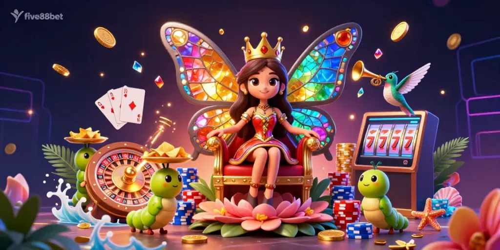 Engage with the dynamic five88bet casino world, featuring colorful characters, sparkling coins, and game elements.