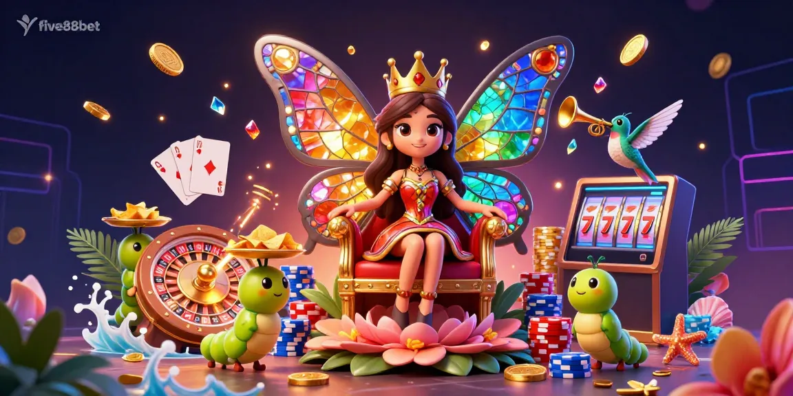 Engage with the dynamic five88bet casino world, featuring colorful characters, sparkling coins, and game elements.