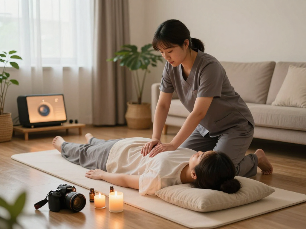Relaxing 부평출장마사지 scene with a therapist providing a soothing massage in a cozy living room.