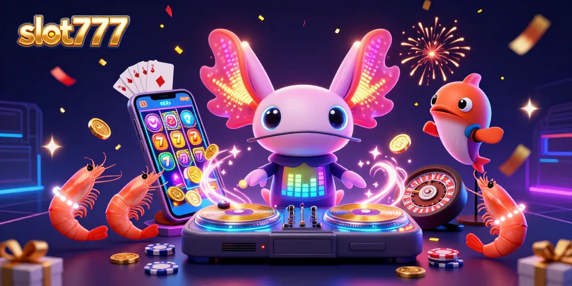 Spin to win with slot777 in this vibrant casino-themed digital illustration featuring fun characters.