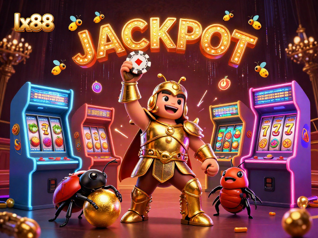 Experience the excitement of lx88 with a vibrant 3D casino scene featuring a heroic beetle and colorful gaming elements.