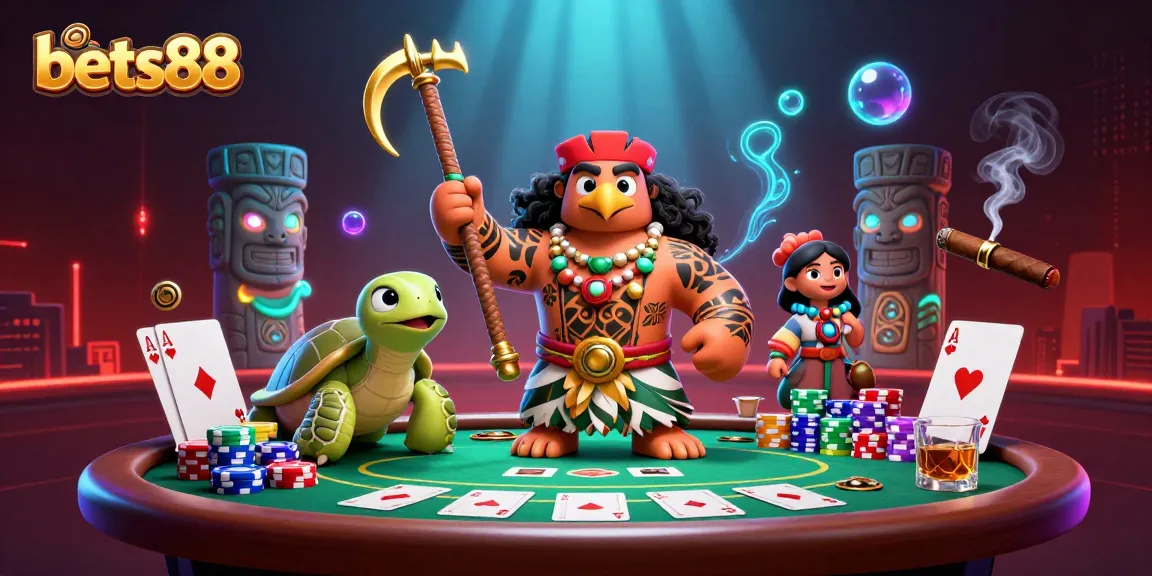 Engage in exciting poker action with bets88, showcasing a vibrant 3D casino scene filled with characters and game elements.
