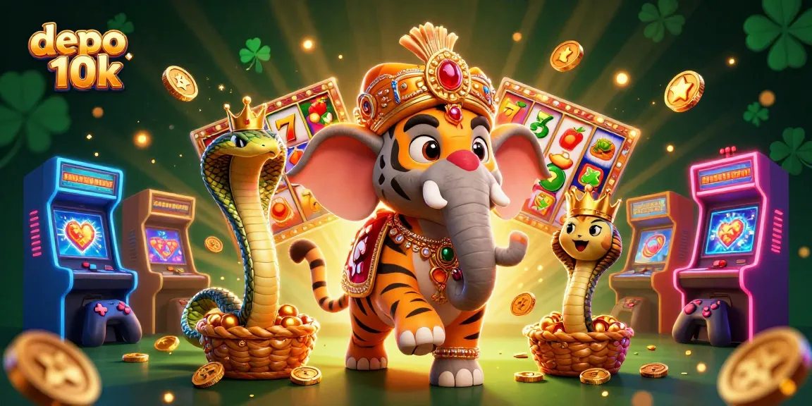 Spin the reels with depo 10k slots amidst a vibrant casino scene featuring colorful characters and game elements.