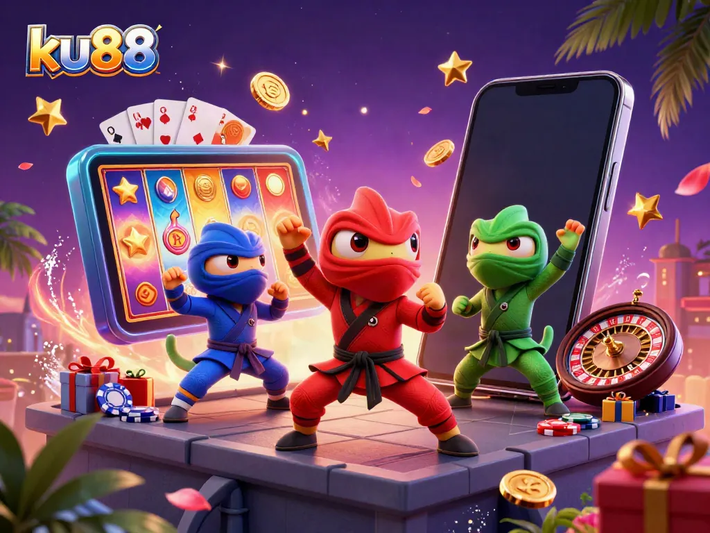 Experience excitement with ku88's colorful 3D ninja chameleons surrounded by casino games and dynamic action.