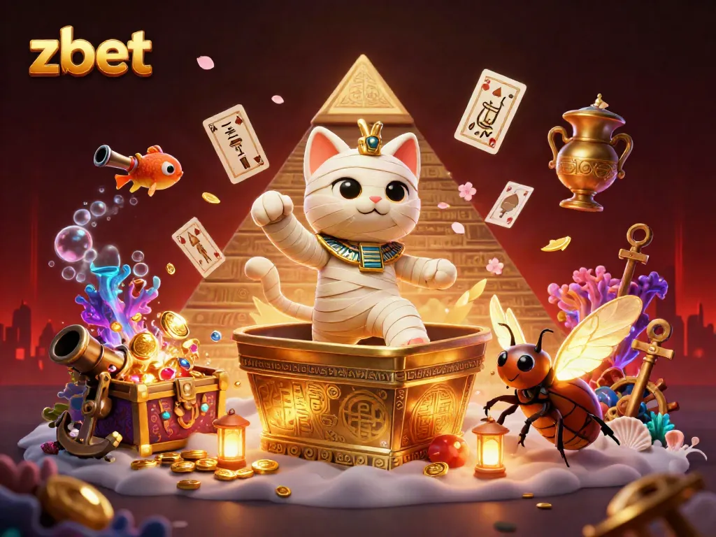 Experience dynamic wins at Zbet with an Egyptian mummy cat and its glowing companion in a vibrant casino.