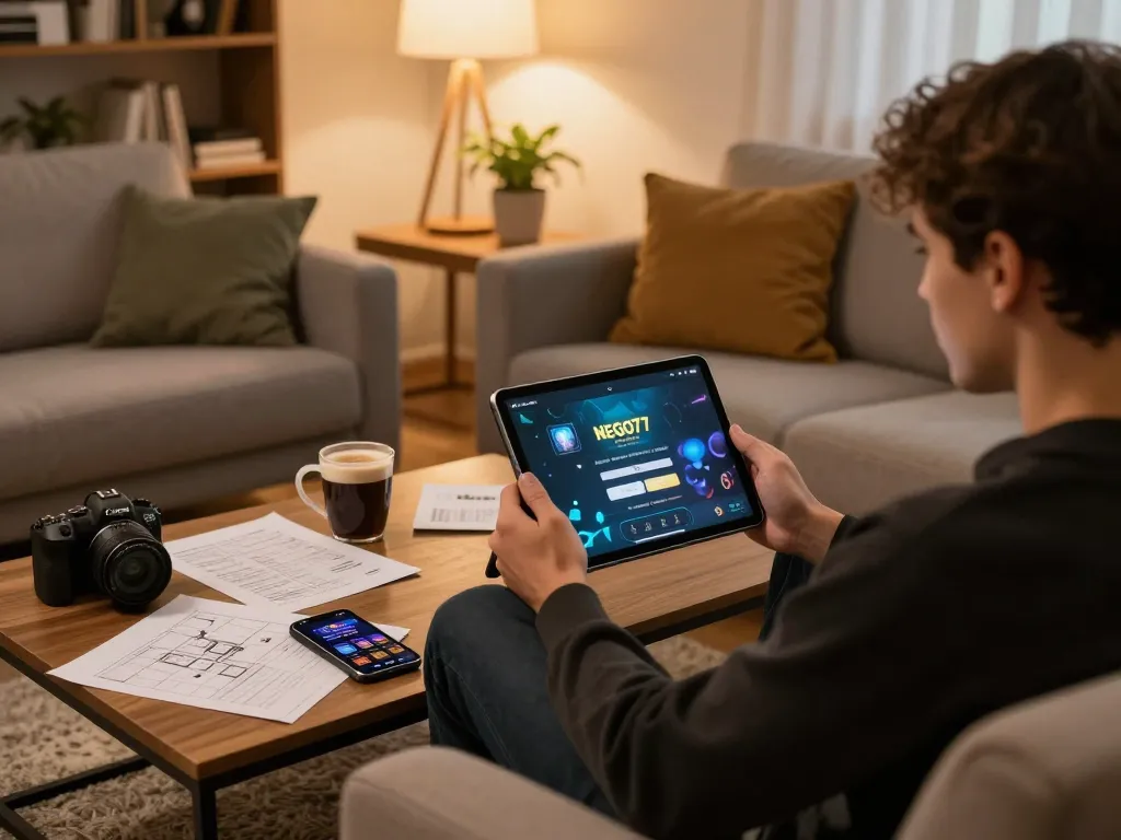 Engaging with the nego77 login on a tablet in a cozy home gaming setup, showcasing responsible gambling.