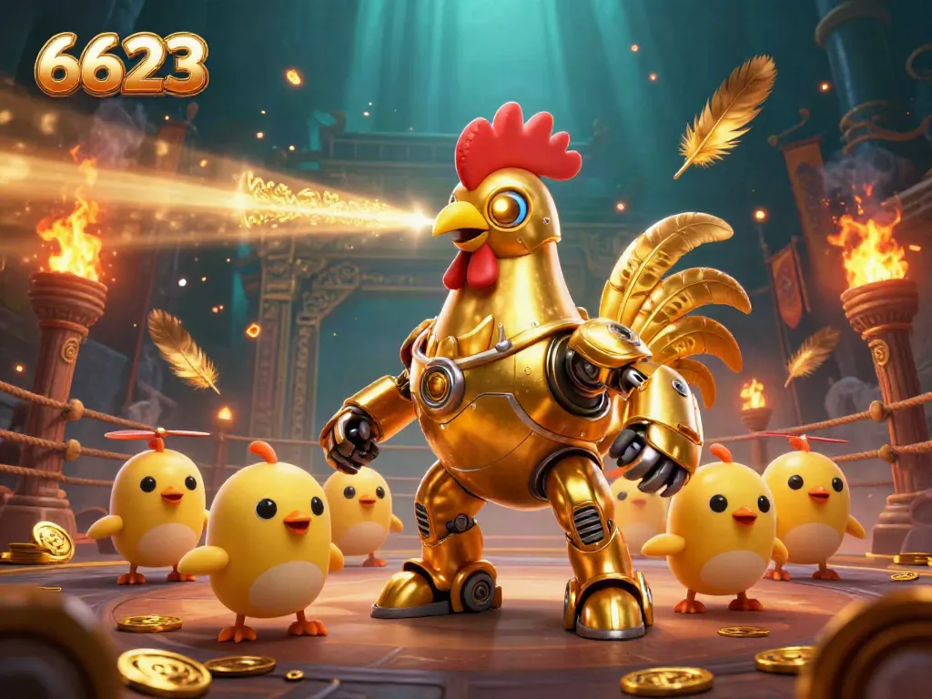 Engage with 6623's vibrant casino spirit through a rich 3D illustration featuring a golden rooster robot and energetic baby chick drones in an exciting betting arena.