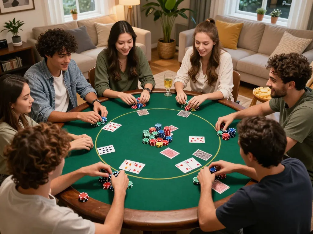 Friends playing poker at home, showcasing nhà cái cm88 strategies with colorful chips and cards