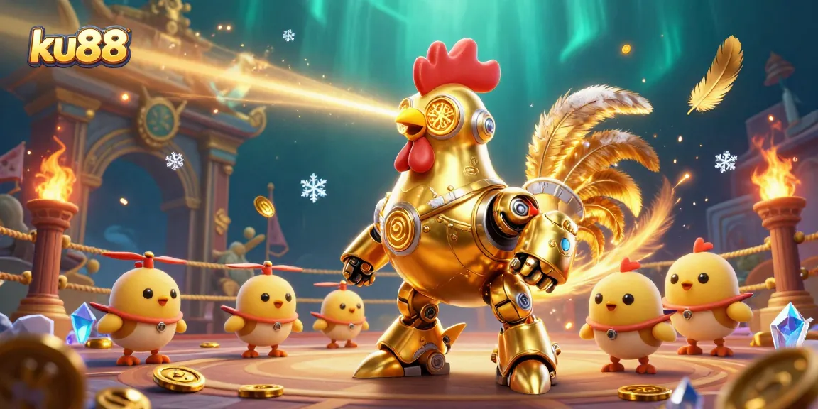 Experience thrilling casino action with ku88's vibrant 3D unlocks and golden tokens amidst a futuristic arena.