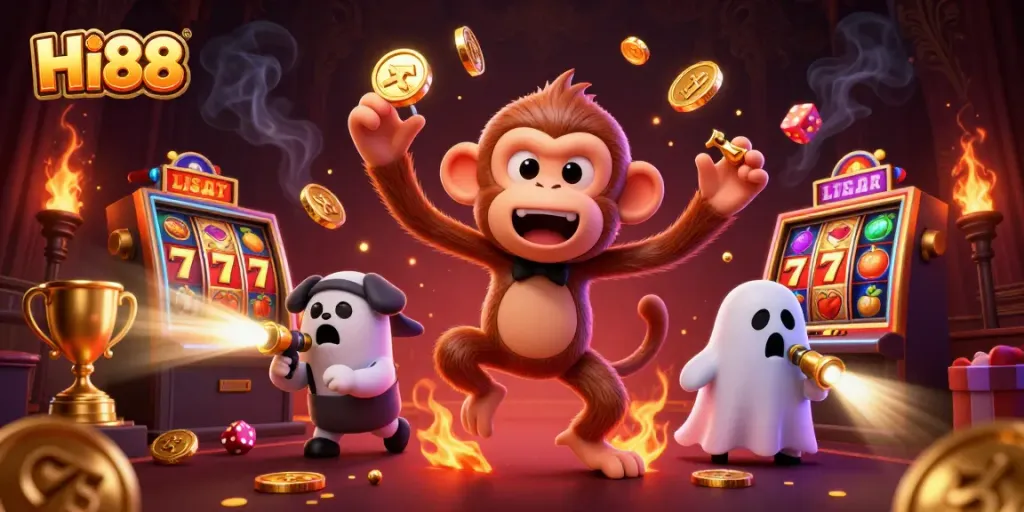 Witness the exciting magic of Hi88 as a mischievous poltergeist monkey juggles golden casino treasures.