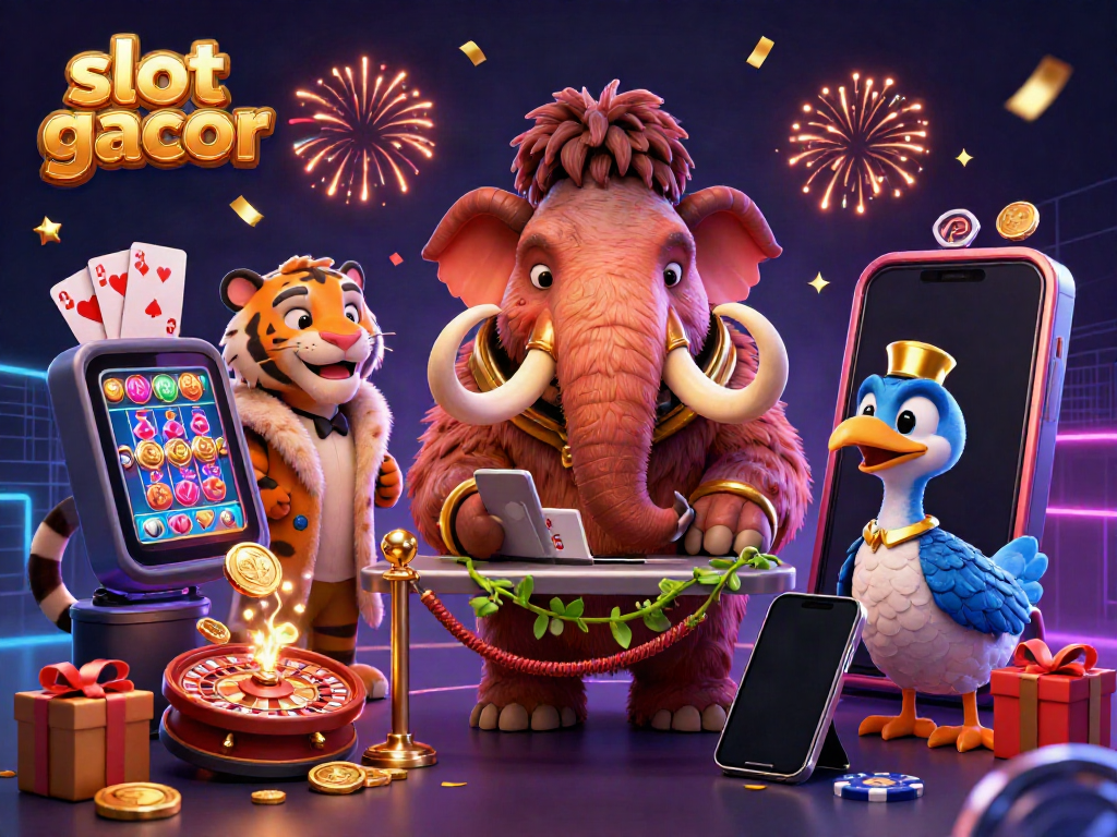 Experience the excitement of slot gacor with this vibrant 3D scene depicting a woolly mammoth bouncer and a saber-tooth tiger VIP in a casino atmosphere.