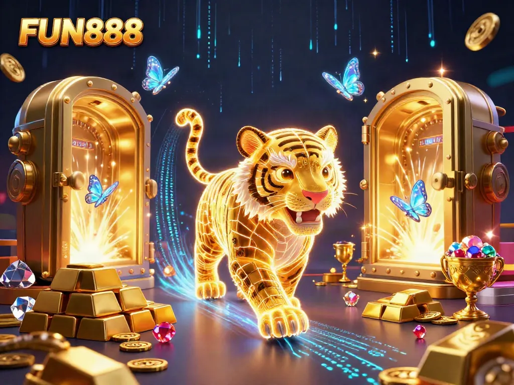 Experience the exciting world of FUN888 with vibrant casino visuals featuring a neon tiger and treasures.