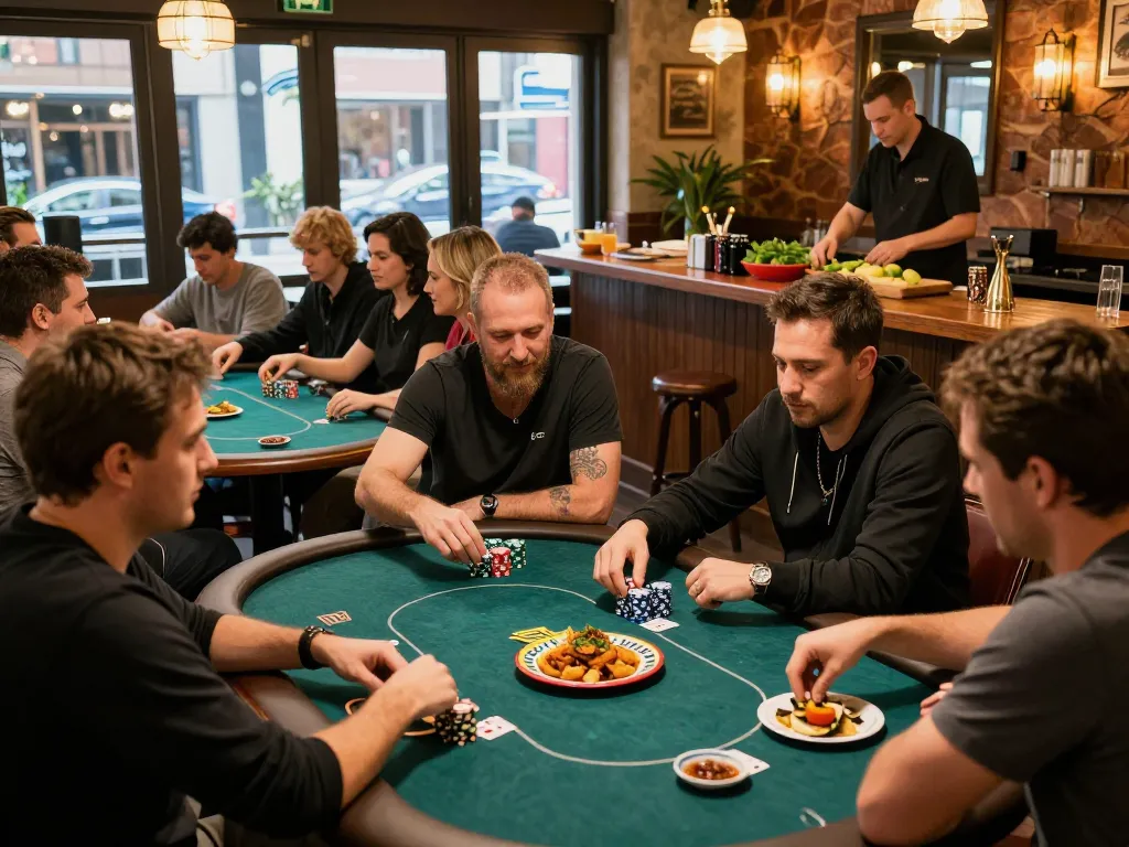 Guests engaging in poker games while enjoying delicious meals at POKERSERI restaurant in Jakarta.