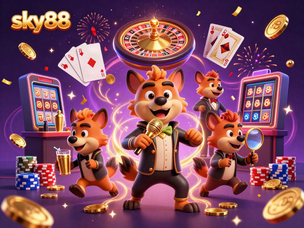 Experience the vibrant casino atmosphere with sky88's hyena characters, capturing lively gaming moments.