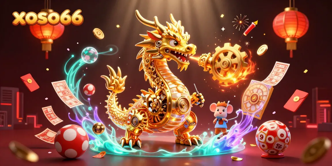 Experience the thrill of xoso66 with vibrant lottery elements and a dynamic golden dragon scene.