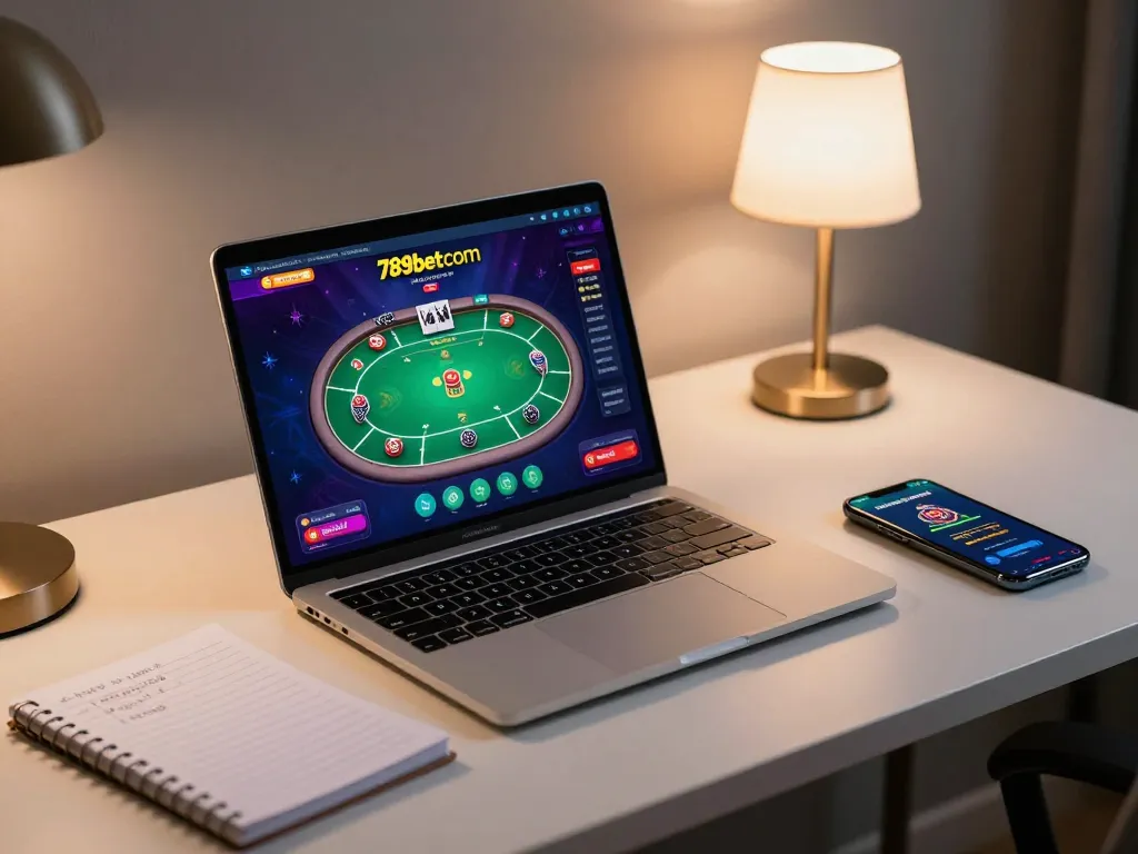 Engaged player interacting with 789betcom on a laptop, showcasing a vibrant poker table interface