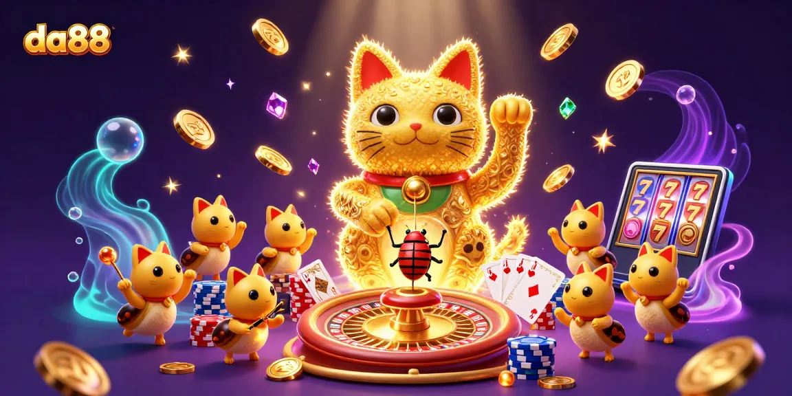 Experience da88’s vibrant casino world with a golden lucky cat, dazzling coins, and sparkling gems.